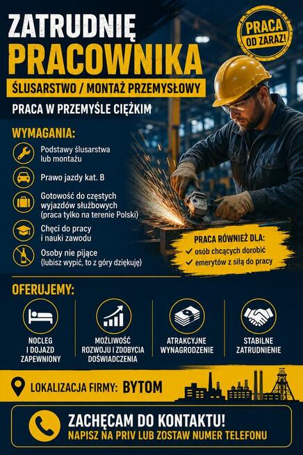 Zatrudnię pracownika , ŚLusarstwo, montaż przemysłowy