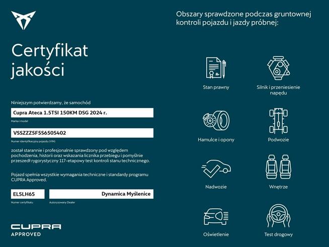 Cupra Ateca VAT 23% 1.5TSI 150KM DSG 2024 r., salon PL, wspomaganie L