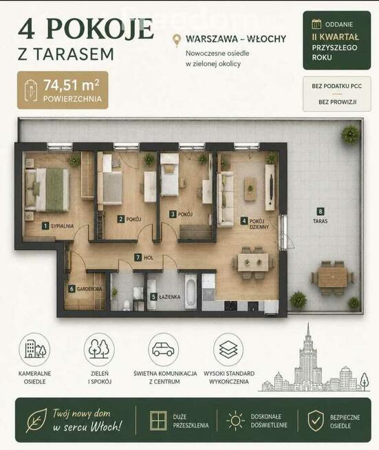 4 - pokojowe mieszkanie z dużym tarasem Włochy