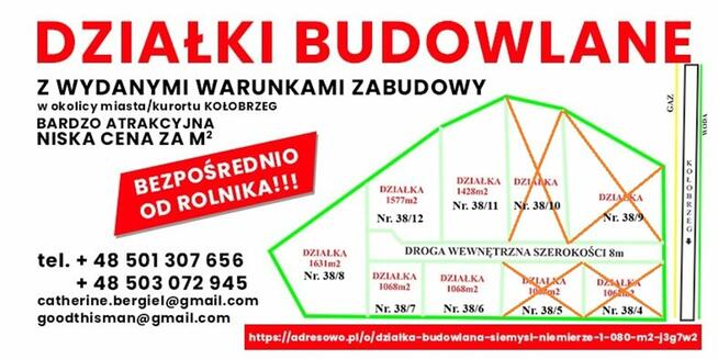Działki budowlane od 1070m² do 1750m2 w pobliżu m.Kołobrzeg!