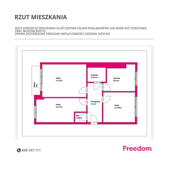Centrum Giżycka mieszkanie 3 pokoje 61 m2