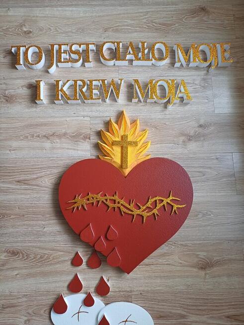 Serce z cierniem + płomień + napis - dekoracja ołtarz Boże