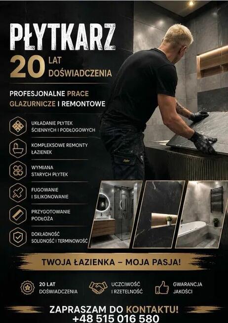 Płytkarz 20 lat doświadczenia Glazurnik wolne terminy