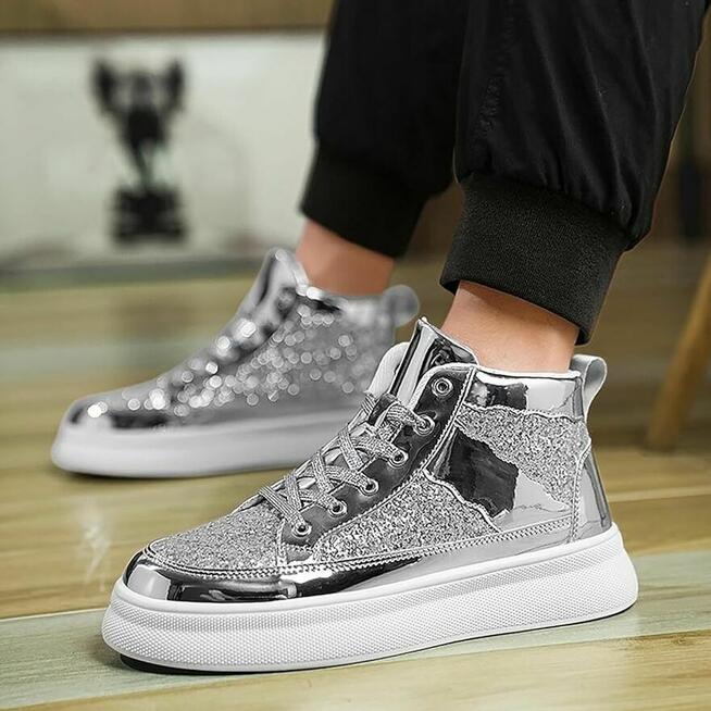 Buty Srebrne brokatowe trampki obuwie męskie Błyszczące