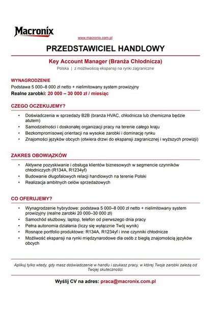 Przedstawiciel Handlowy-Branża Chłodnicza