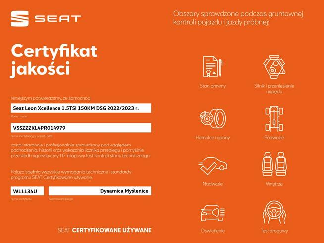 Seat Leon VAT 23% Xcellence 1.5TSI 150KM DSG 2022/2023 r., salon PL