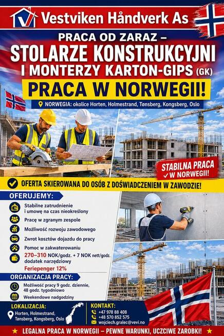 PRACA OD ZARAZ – STOLARZE KONSTRUKCYJNI I MONTERZY KARTON-GI