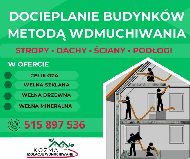 Ocieplenia celulozą stropów dachów, nadmuch wełny skalnej