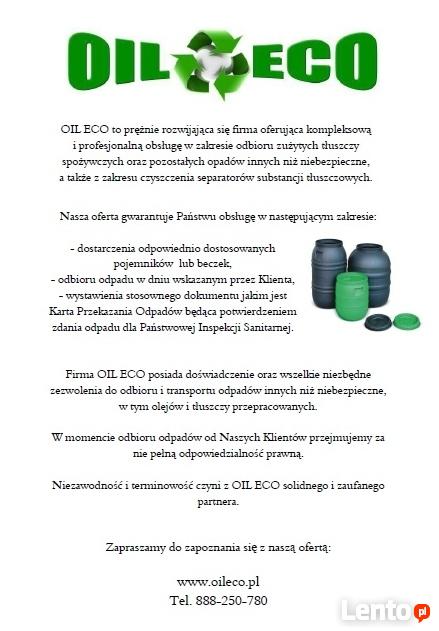 Odbiór zużytego oleju roślinnego, tłuszczu, frytury