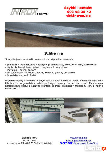 Szlifiernia noży introligatorskich - przemysłowych