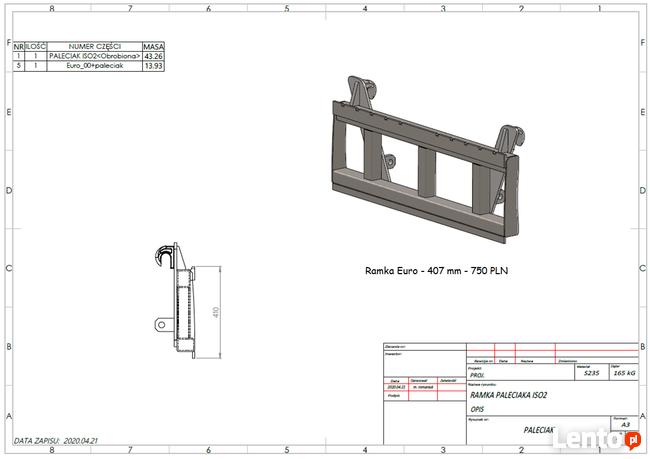 Paleciak widły do palet ciągnik tur euro ramka chwytak pazur