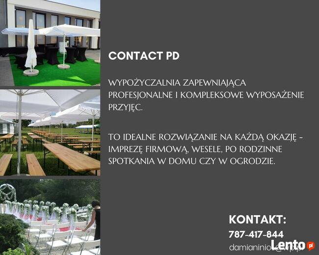 namioty imprezowe, krzesła, ławostoły, parasole, stoły, podes