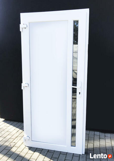 drzwi białe PVC od ręki szyba zewnętrzne 100x210 cieple