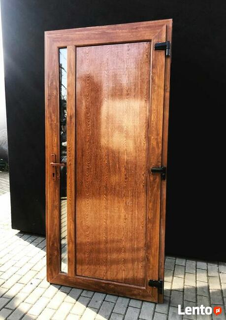 drzwi złoty dąb PVC sklepowe szyba zewnętrzne 100x210 cięka