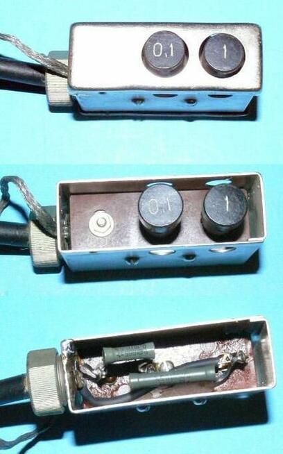 Kabel z wtykiem antenowym + puszka a w środku rezystory