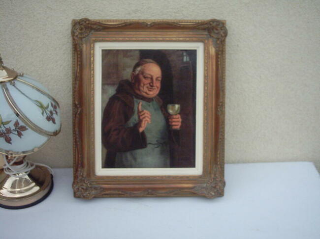 Obraz olejny na desce XVII Wiek Mnich w piwnicy z kieliszkie