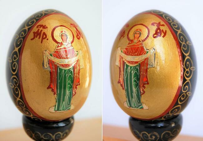 Drewniana pisanka na nóżce, Rosja, ikona Matka Boża