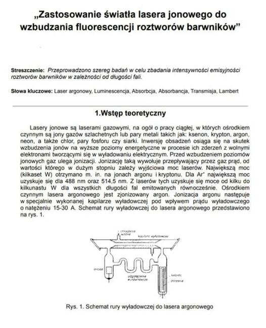 Zastosowanie światła lasera jonowego - Sprawozdanie