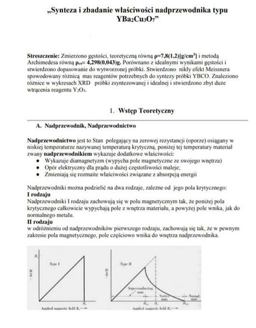 „Synteza i zbadanie właściwości nadprzewodnika Sprawozdanie