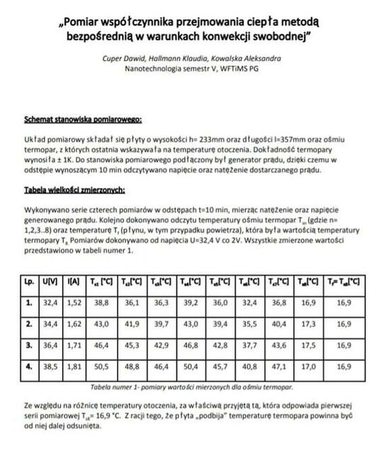 „Pomiar współczynnika przejmowania ciepła - Sprawozdanie