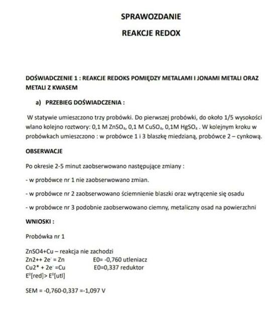 Reakcje redoks - Sprawozdanie