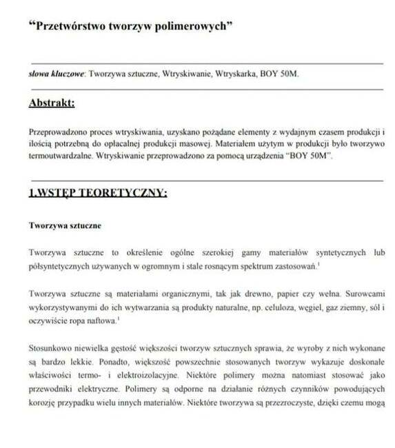 Przetwórstwo tworzyw polimerowych - Sprawozdanie