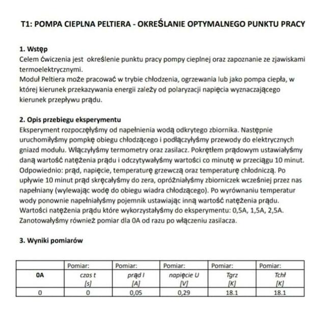 Pompa cieplna Peltiera - Sprawozdanie