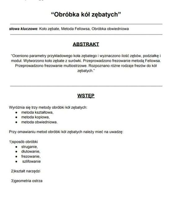 “Obróbka kół zębatych - Sprawozdanie