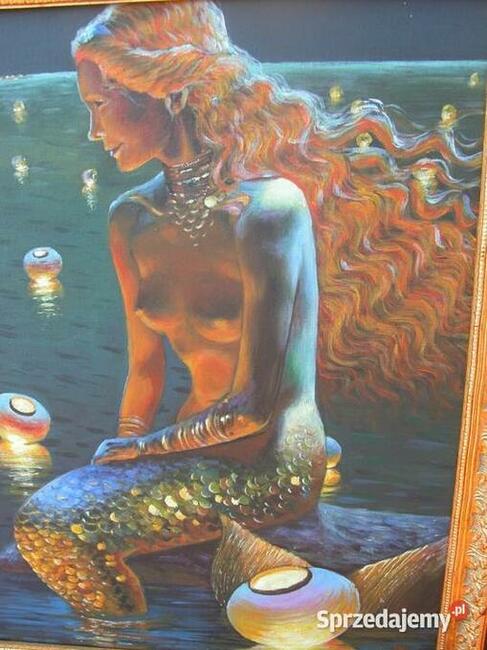 piękny sygnowany obraz olej syrenka