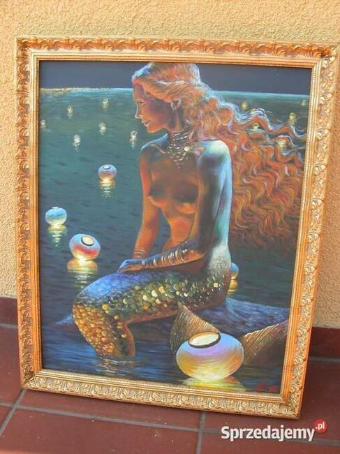 piękny sygnowany obraz olej syrenka