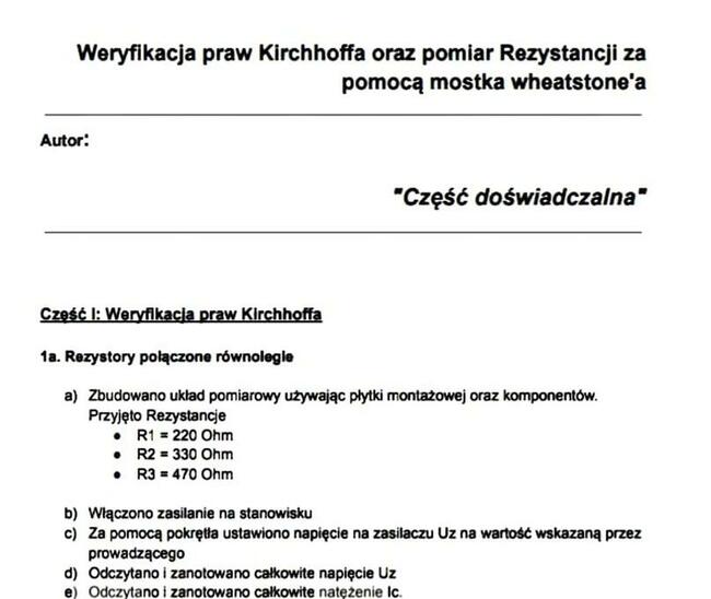 Weryfikacja praw Kirchhoffa oraz rezystancji - Sprawozdanie