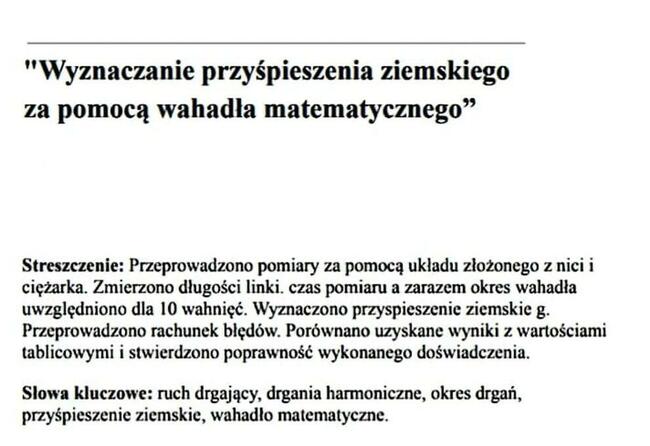 Wyznaczanie przyśpieszenia g wahadło - Sprawozdanie