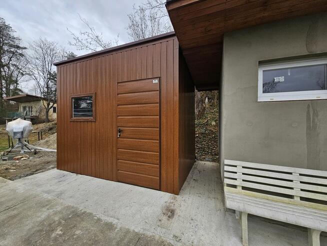 Garaż Grafitowy z bramami ciemny orzech blaszak hala do 35m2