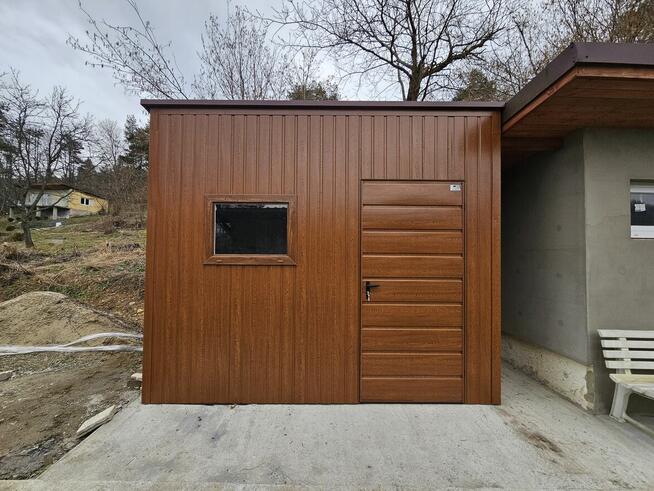 Garaż Grafitowy z bramami ciemny orzech blaszak hala do 35m2