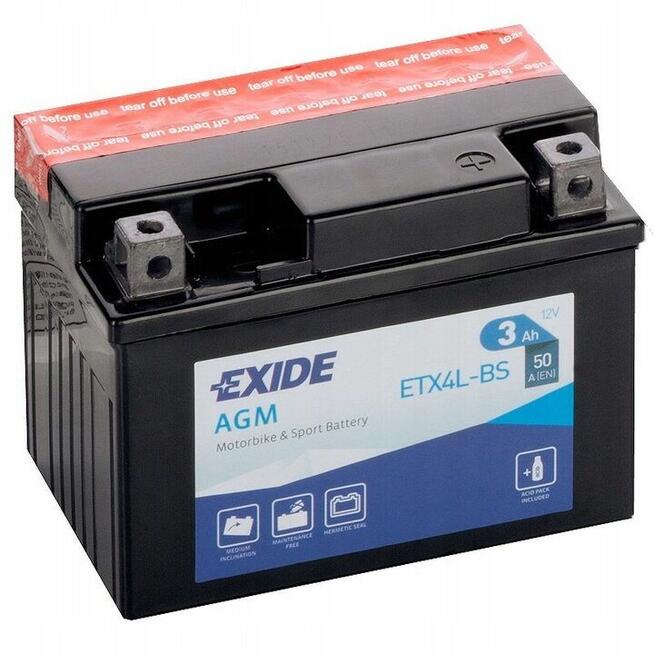 Akumulator motocyklowy 12V 3Ah 50A EXIDE ETX4L-BS YTX4L-BS