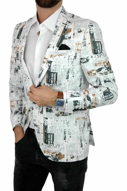 GIOVANNI PERA Marynarka Męska D620 Gazeta, Biała, Kolorowa