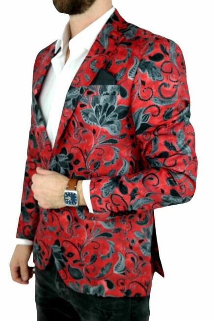 GIOVANNI PERA Marynarka Męska D621 Czerwona Kwiaty Grafit