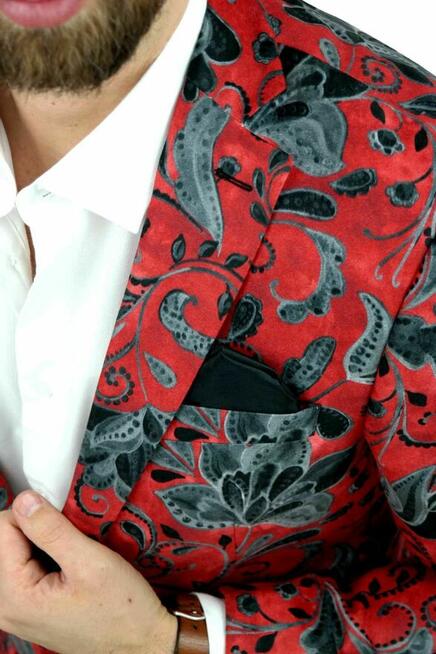 GIOVANNI PERA Marynarka Męska D621 Czerwona Kwiaty Grafit