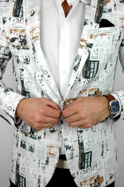 GIOVANNI PERA Marynarka Męska D620 Gazeta, Biała, Kolorowa