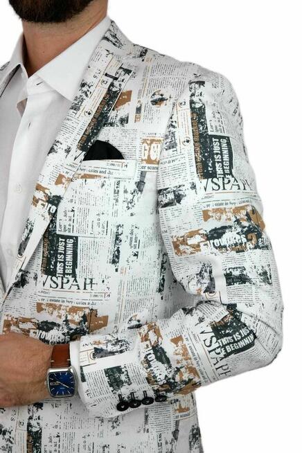 GIOVANNI PERA Marynarka Męska D620 Gazeta, Biała, Kolorowa