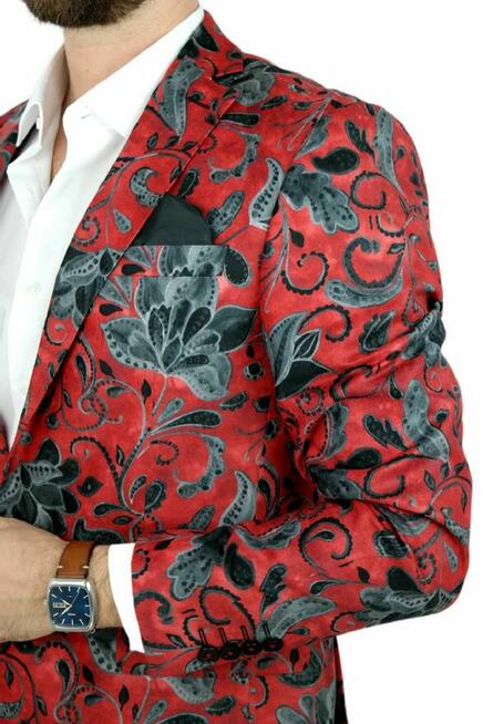 GIOVANNI PERA Marynarka Męska D621 Czerwona Kwiaty Grafit