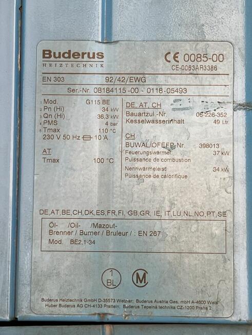 Kocioł olejowy BUDERUS G115 BE 92/42/EWG