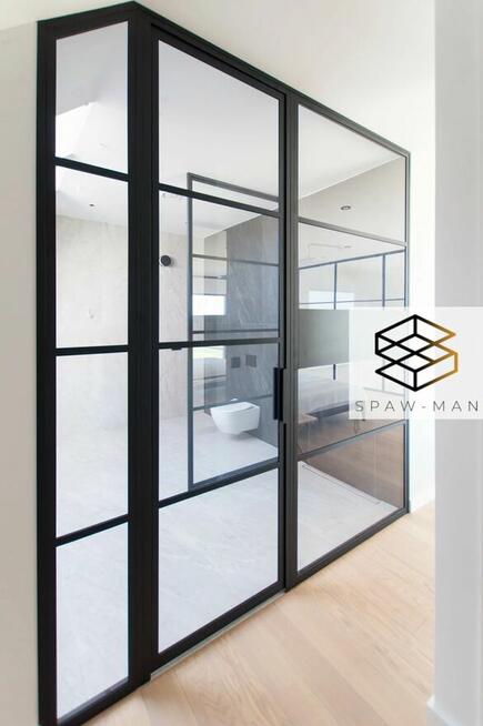 Drzwi loftowe, ścianki metalowo-szklane, balustrady, schody