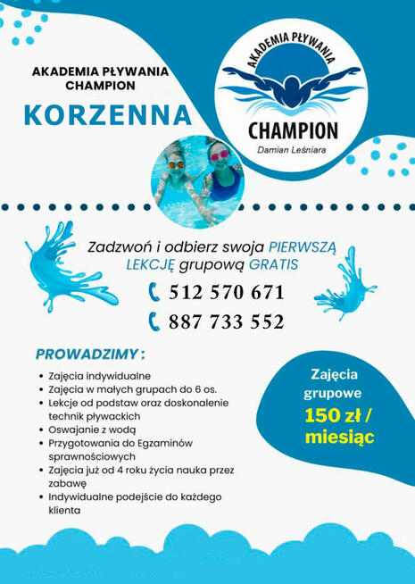 Nauka pływania Korzenna - Szkoła Pływania CHAMPION