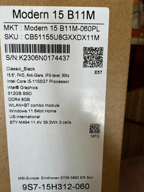 Nowy laptop MSI Modern 15 B11M z 12 czerwca ( gwarancja ) Wa