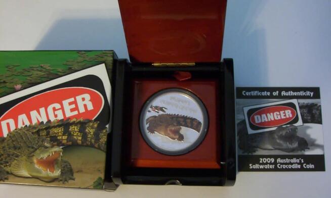 2009 Krokodyl słonowodny 1 uncja srebra 1 OZ Kolorowany