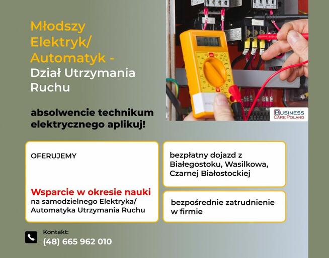 Młodszy Elektryk/Automatyk Utrzymania Ruchu