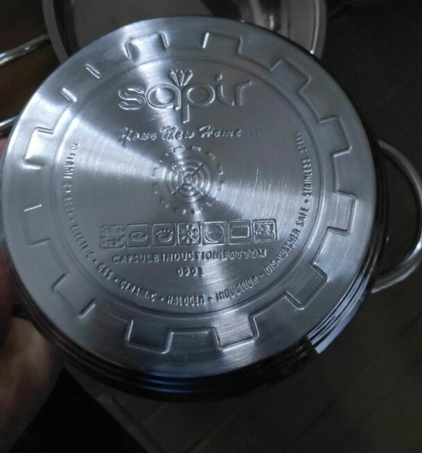 Garnki stalowe Sapir 9 el + ściereczki+ łyżeczki+ obieraczka