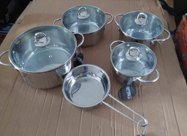 Garnki stalowe Sapir 9 el + ściereczki+ łyżeczki+ obieraczka