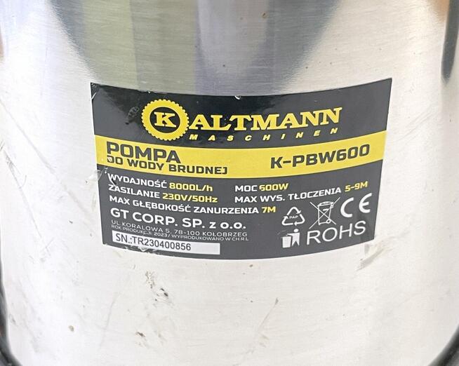 Pompa do wody brudnej Kaltmann Inox K-PBW600 8000L/h